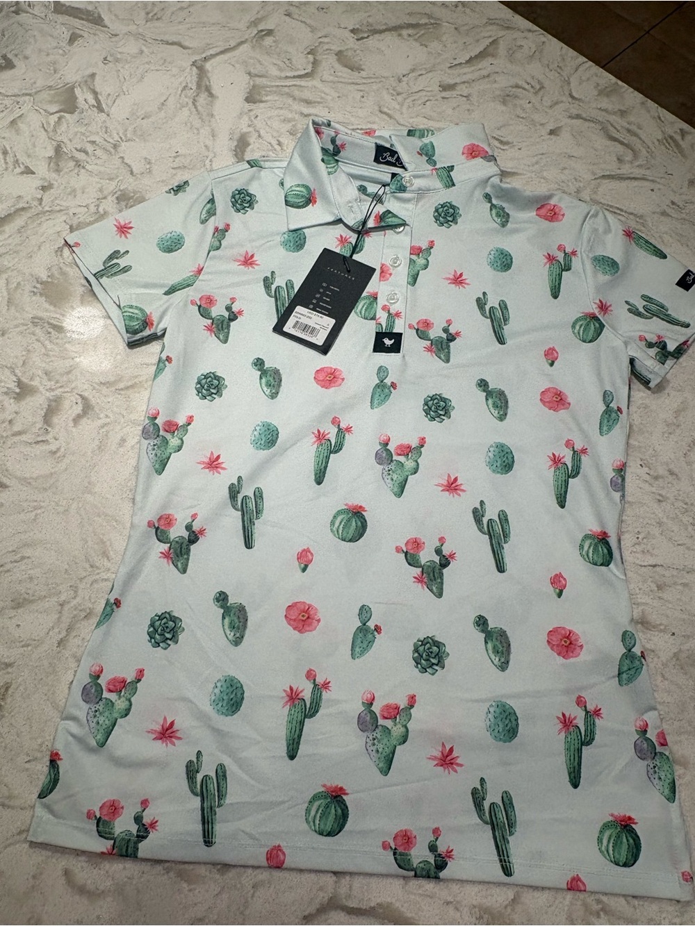Cactus Print Polo Shirt - Mint with Pink Accents